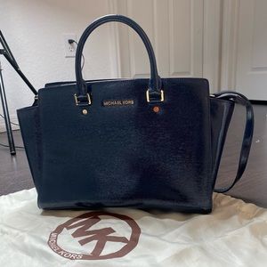 Michael Kors Tote Bag Selma Patent Navy Satchel
